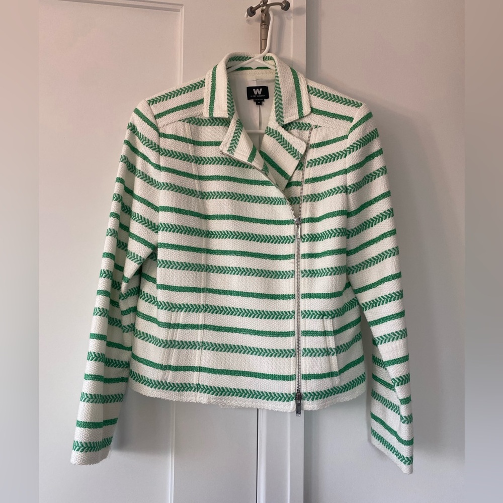 W by Worth green and white striped blazer style motorcycle jacket